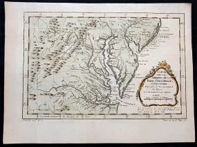 1756 J N Bellin Antique Map Virginia, Chesapeake Bay, Maryland & parts NJ & PA