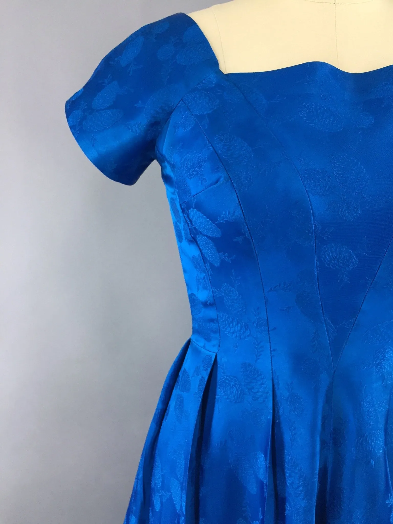 1950s Vintage Electric Blue Satin Damask Party Dress