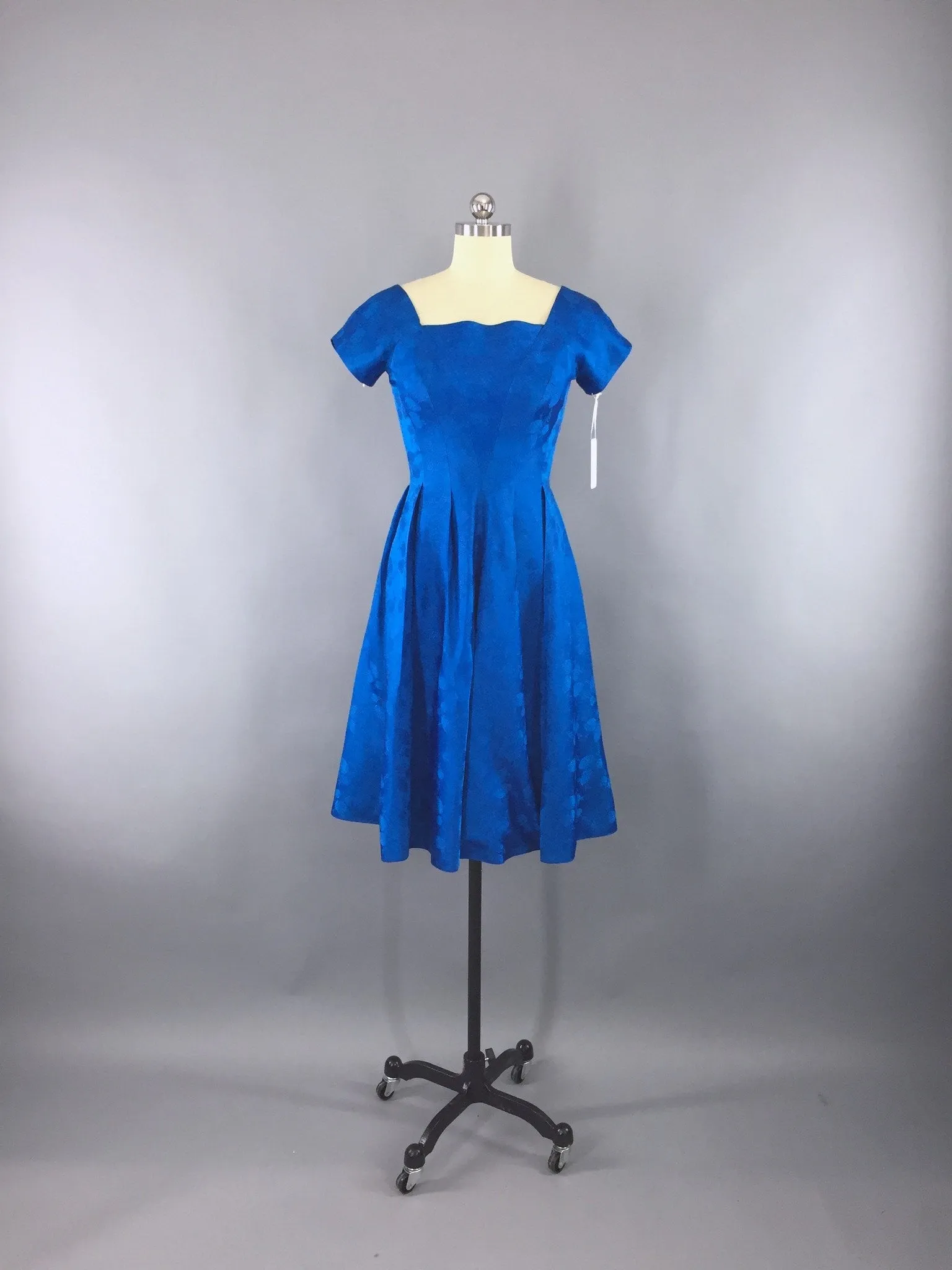 1950s Vintage Electric Blue Satin Damask Party Dress