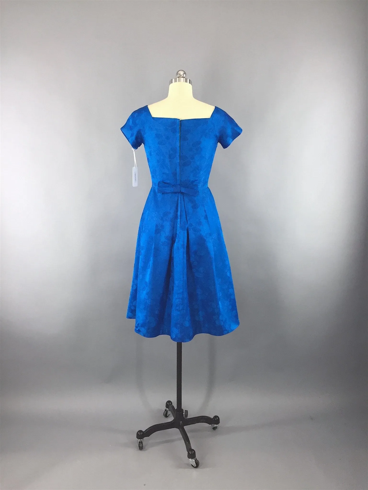 1950s Vintage Electric Blue Satin Damask Party Dress