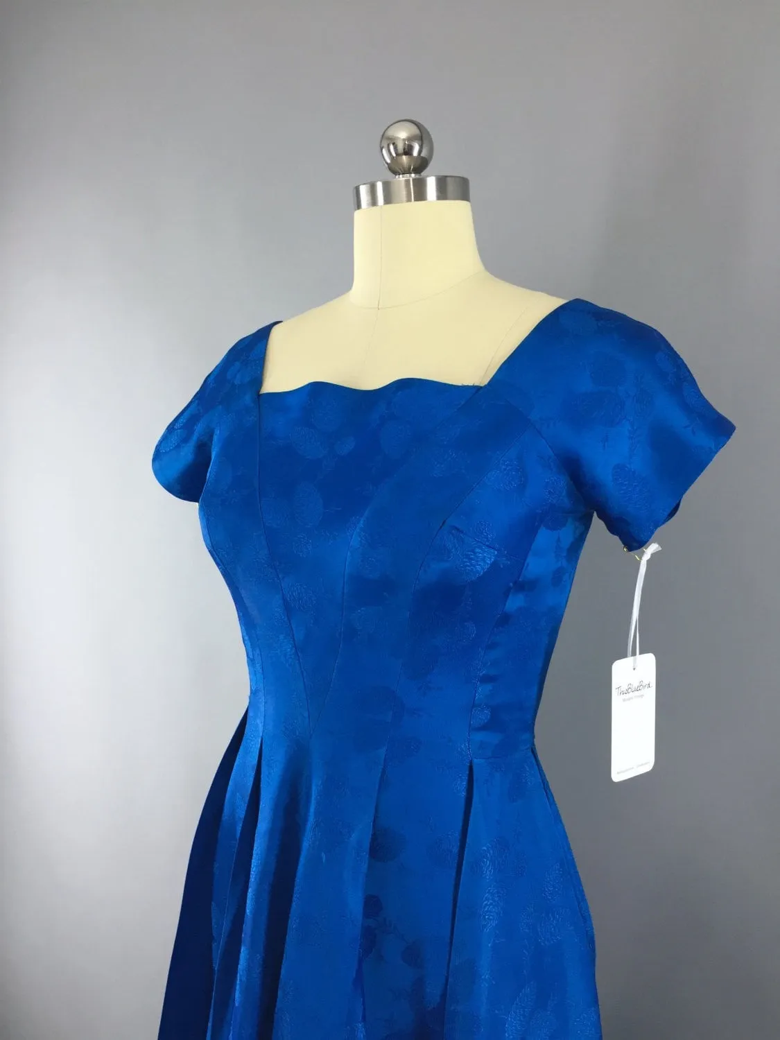 1950s Vintage Electric Blue Satin Damask Party Dress