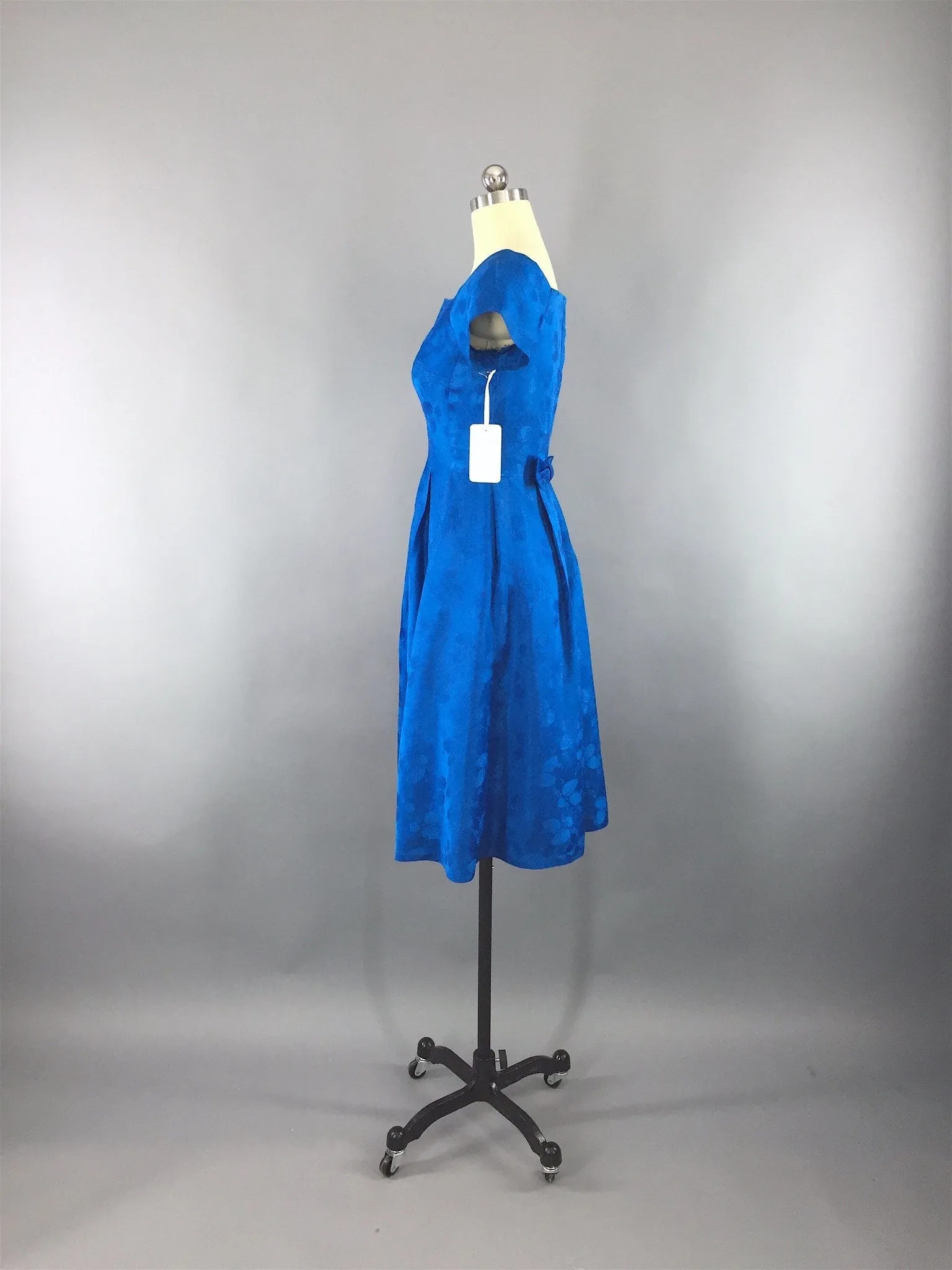 1950s Vintage Electric Blue Satin Damask Party Dress