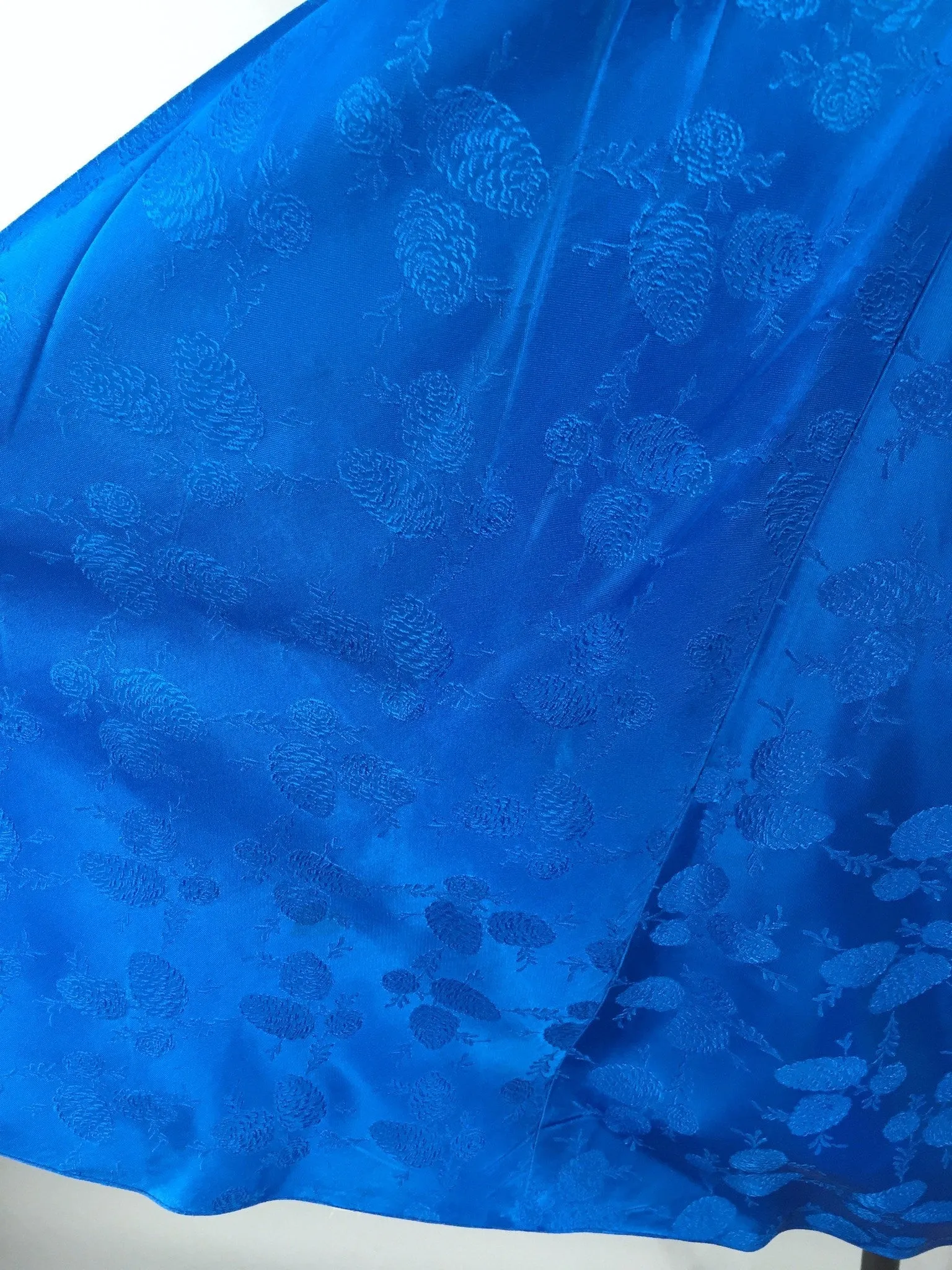 1950s Vintage Electric Blue Satin Damask Party Dress