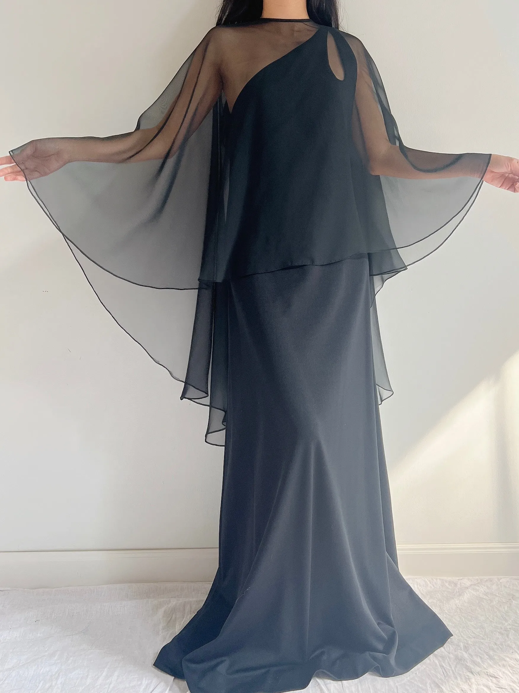 1960s Chiffon Jersey Cape Gown - M