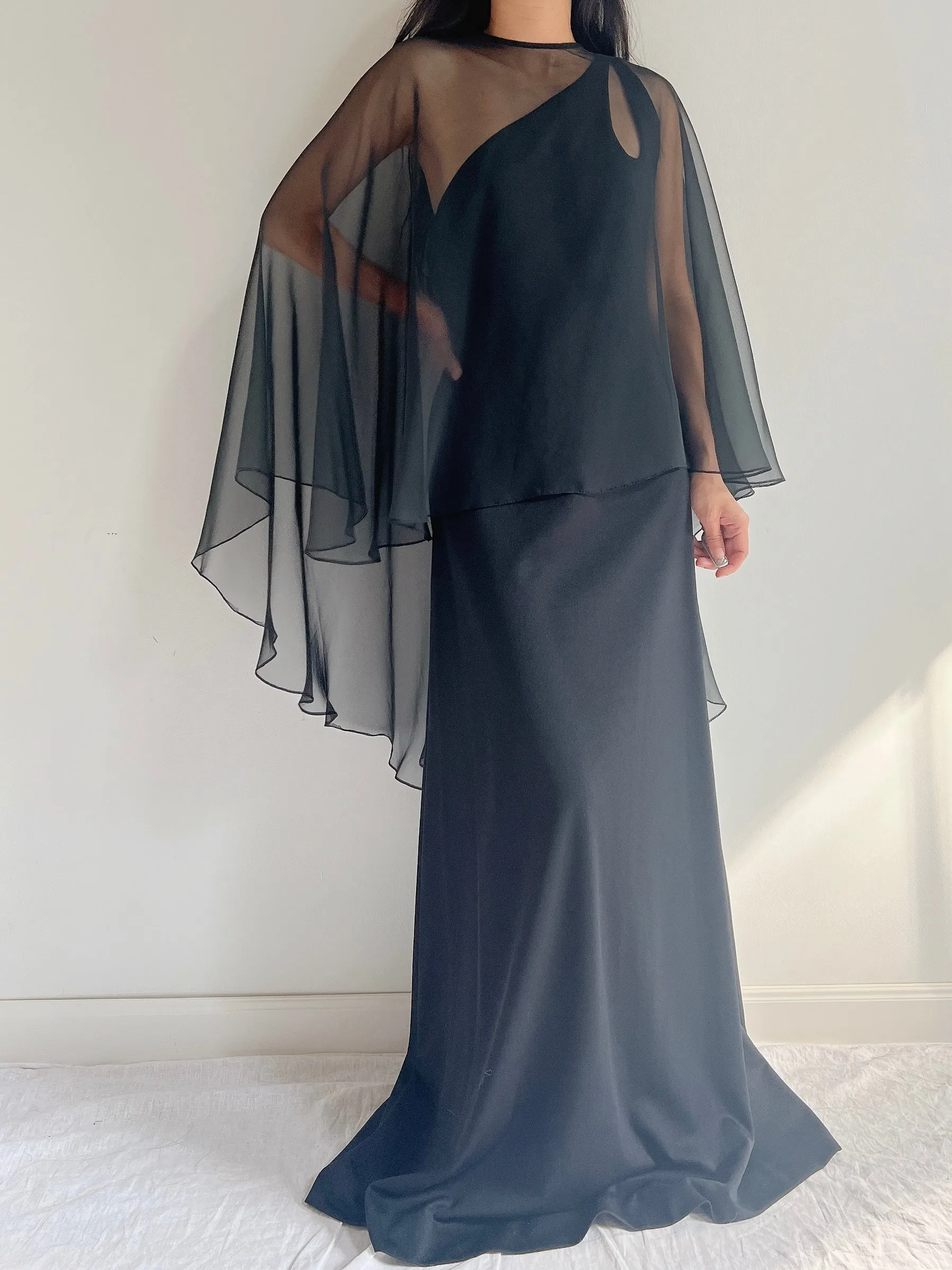 1960s Chiffon Jersey Cape Gown - M