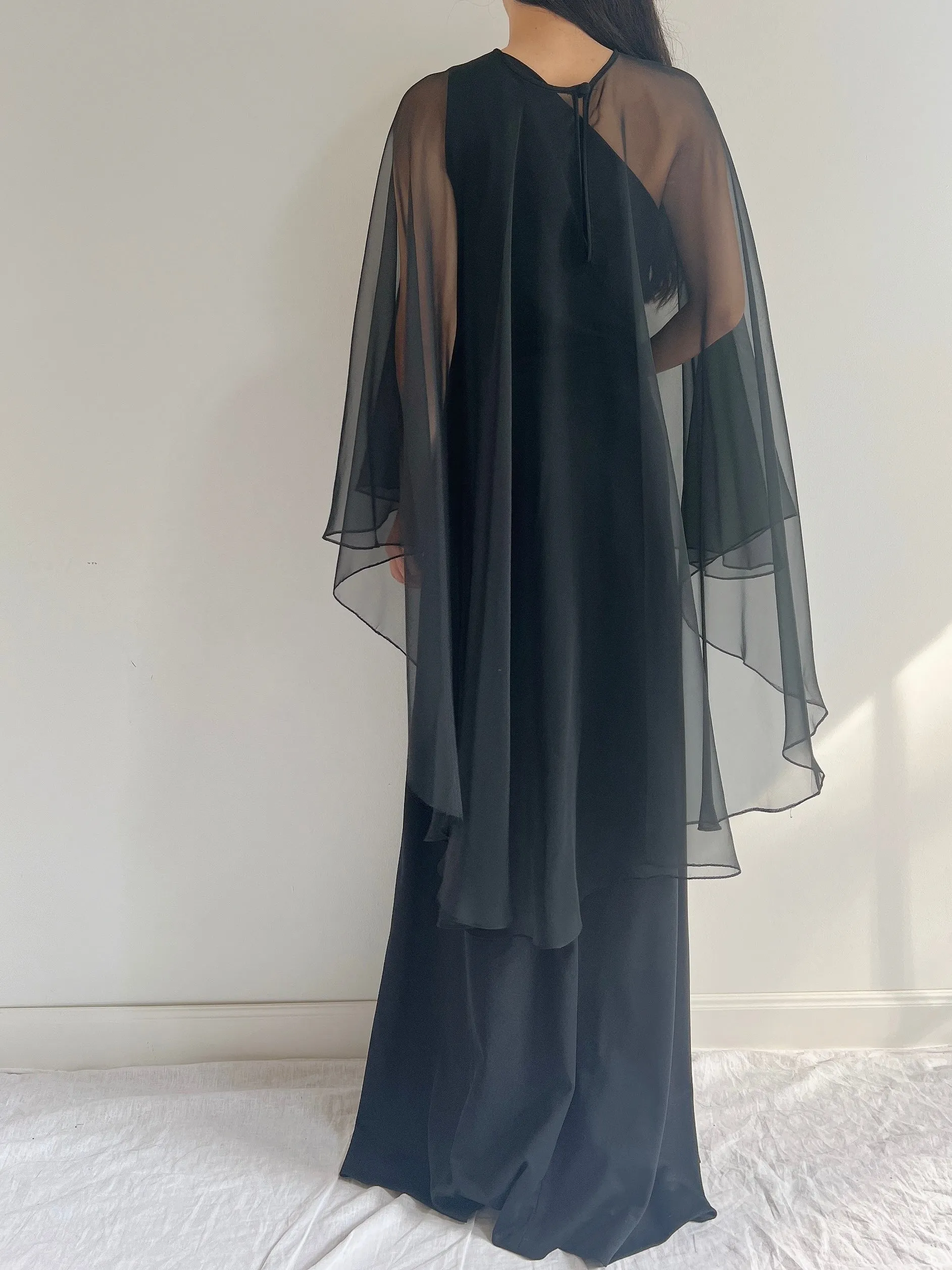 1960s Chiffon Jersey Cape Gown - M