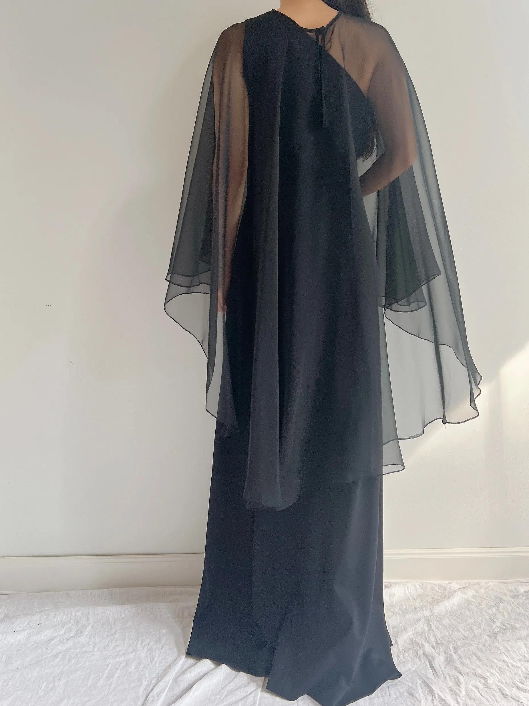 1960s Chiffon Jersey Cape Gown - M