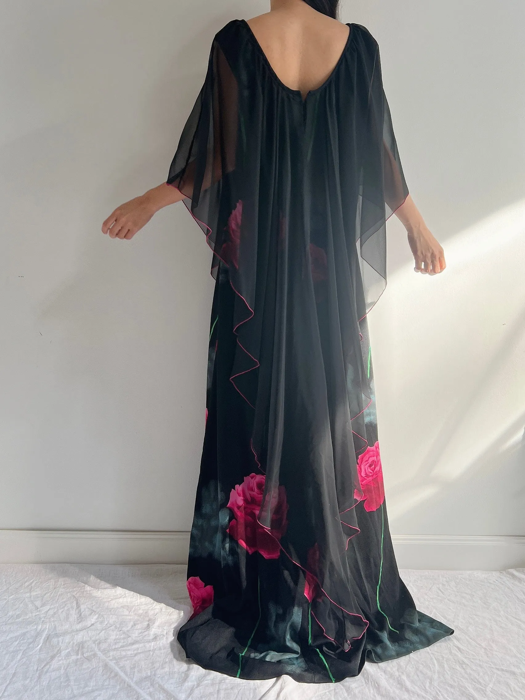 1960s Jersey and Chiffon Floral Gown - S