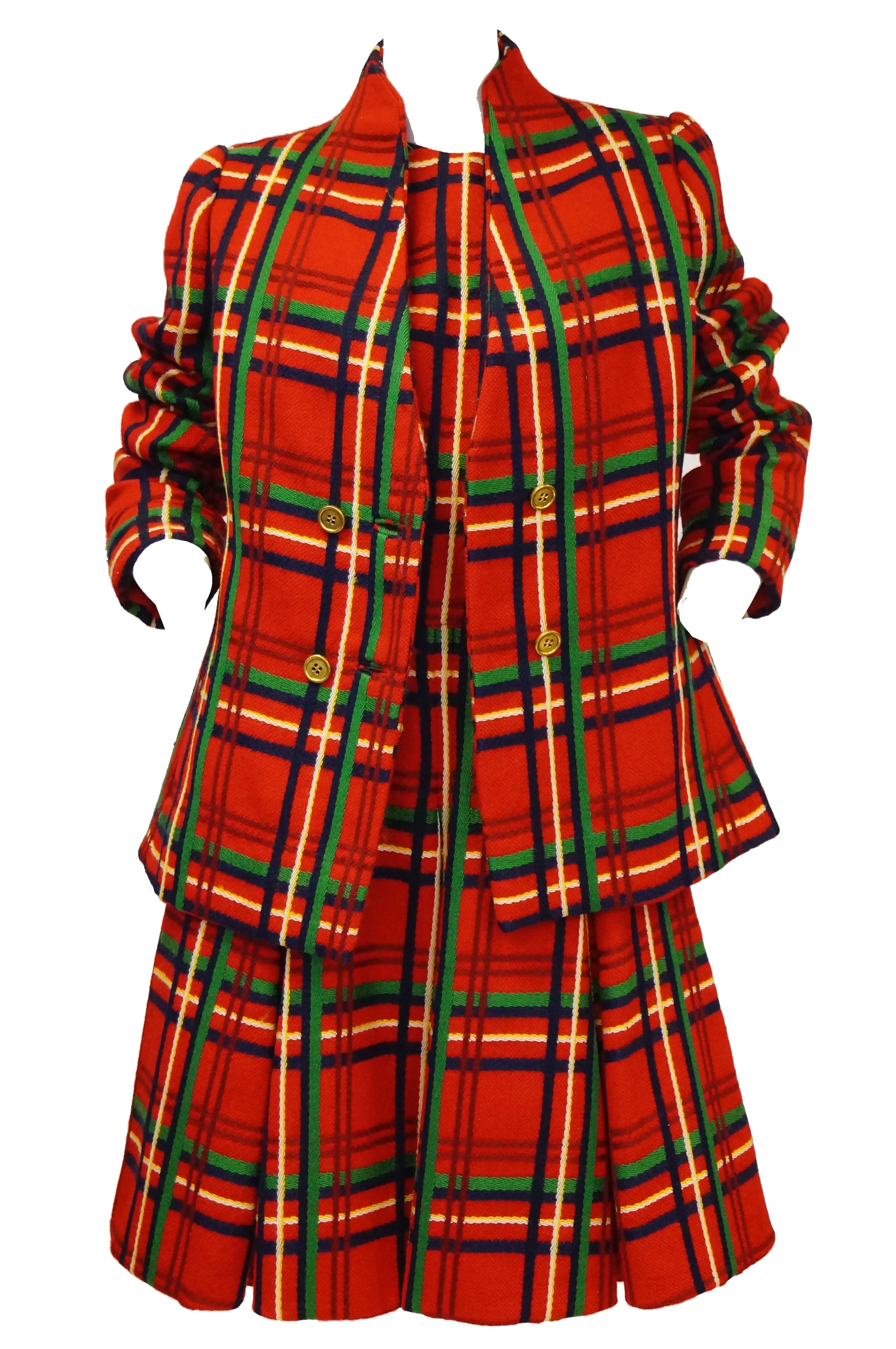 1970s Galanos Red Plaid Dress and Jacket