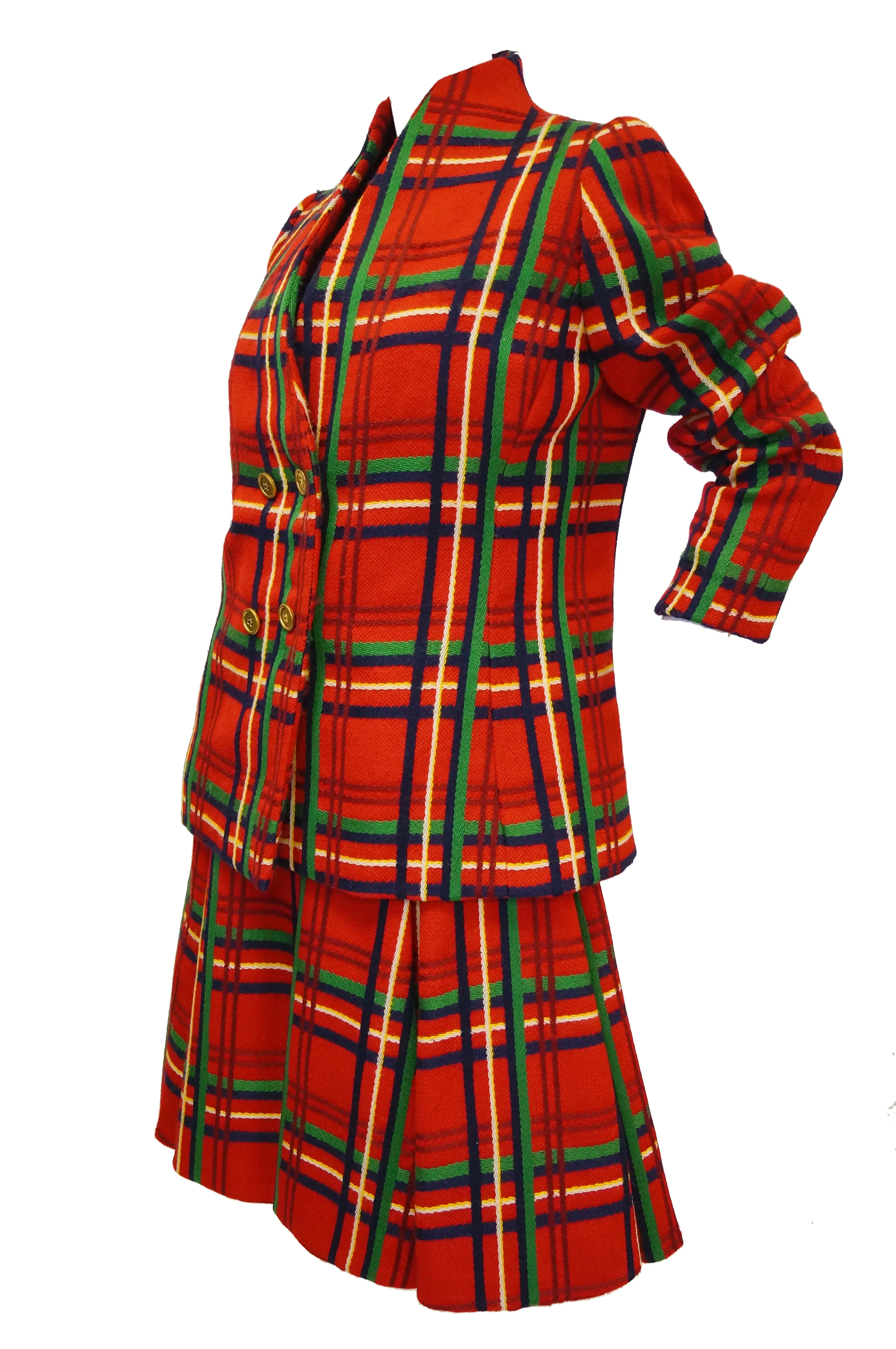 1970s Galanos Red Plaid Dress and Jacket