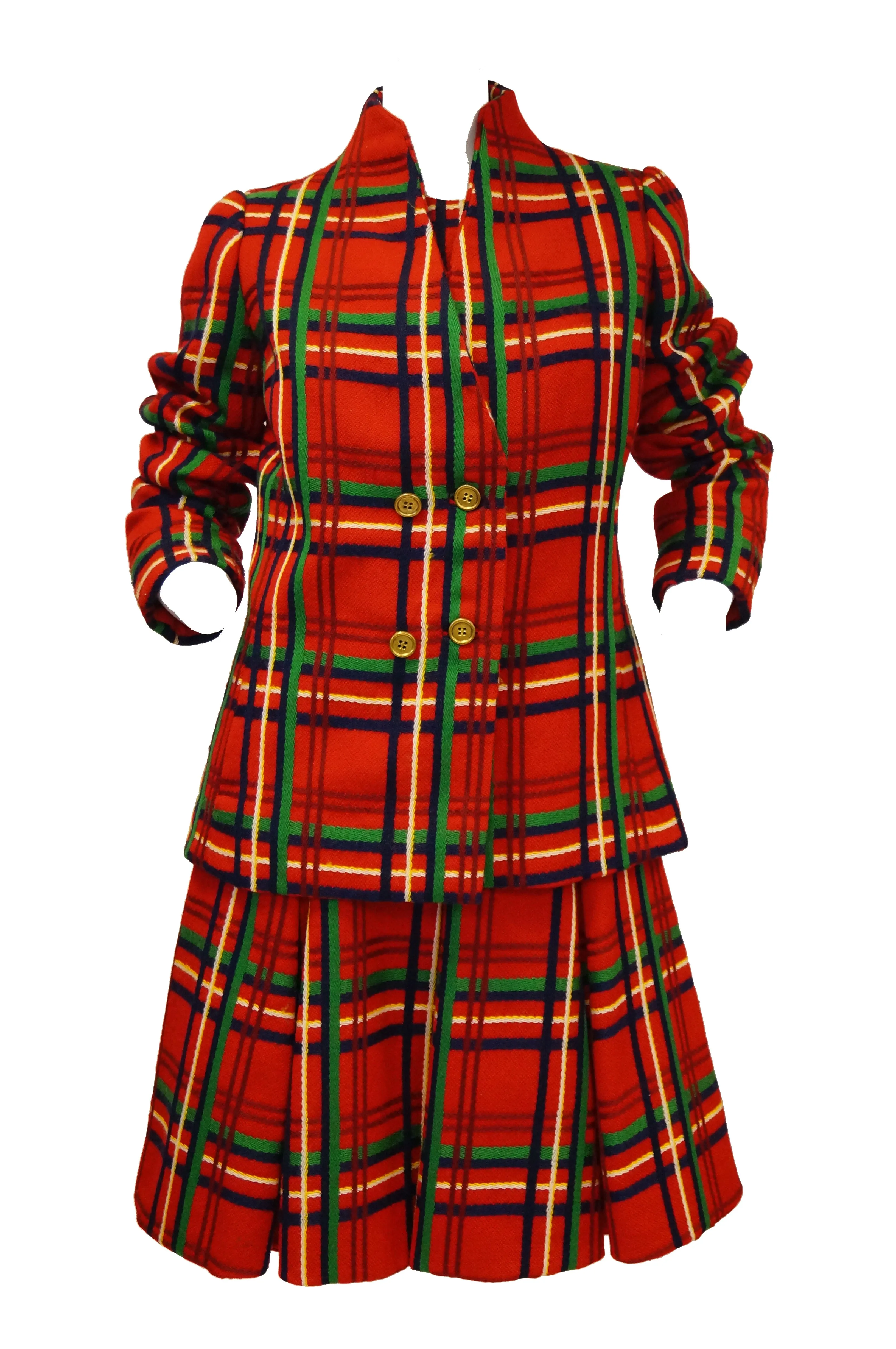 1970s Galanos Red Plaid Dress and Jacket