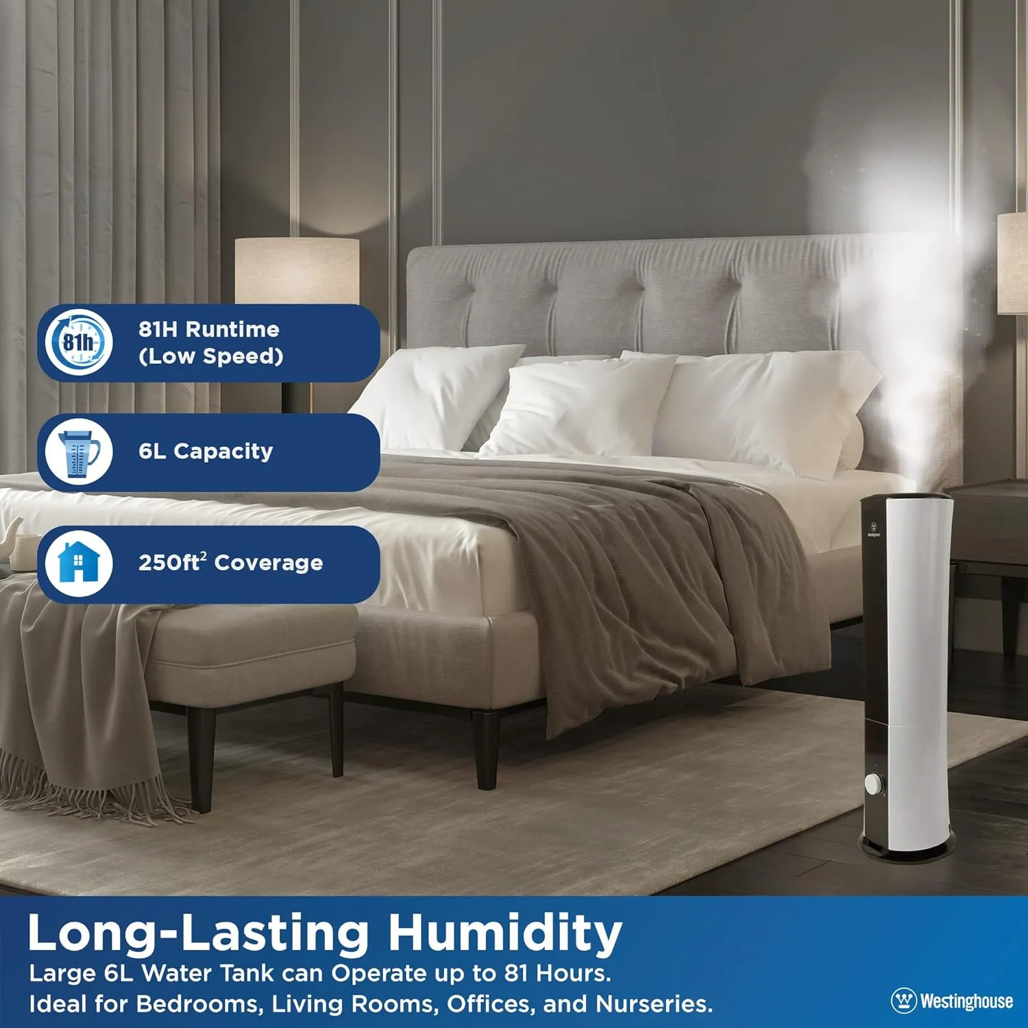 28" Cool Mist Ultrasonic Tower Humidifier 6L Top Fill