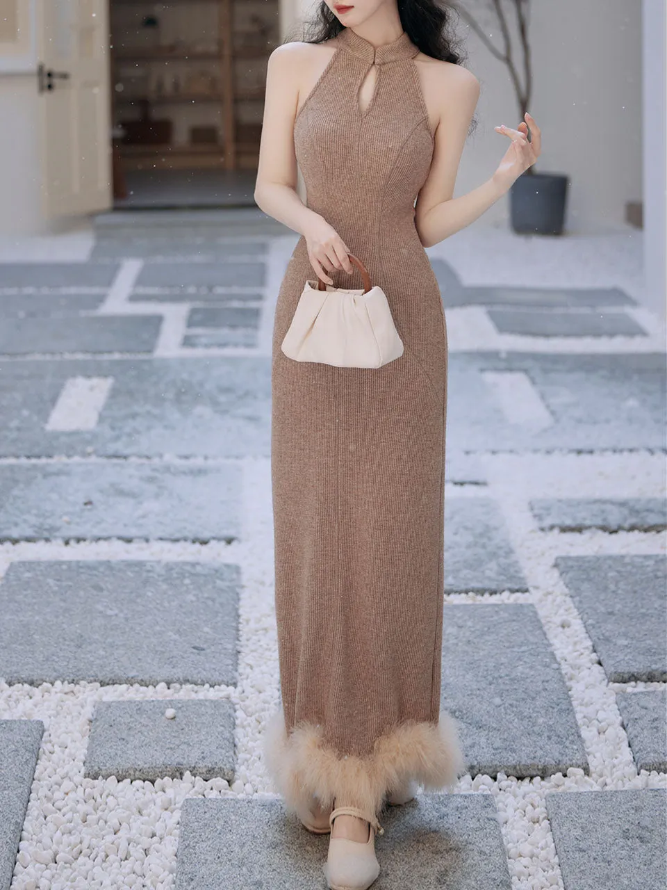 2PS Brown Cheongsam Sleeveless Knit Sweater Dress With Fur Long Sleeve Coat