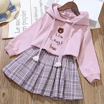 4 6 8 10 12 Years Girls Clothing Sets Cotton Cartoon Little Bear Hoodies   Pleated Skirt 2Pcs Suit For Children Birthday Present