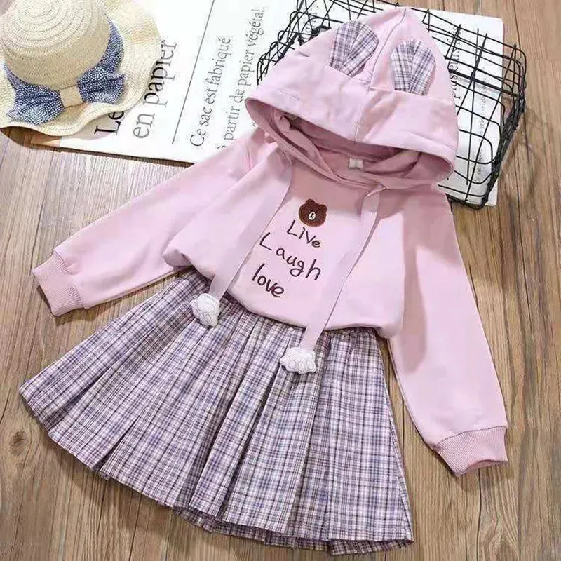 4 6 8 10 12 Years Girls Clothing Sets Cotton Cartoon Little Bear Hoodies   Pleated Skirt 2Pcs Suit For Children Birthday Present