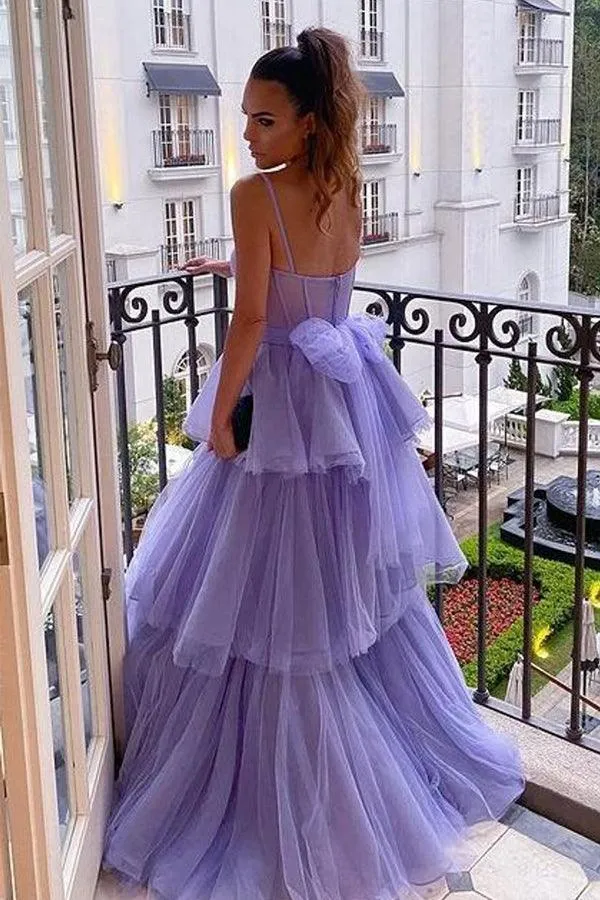 A Line Purple Tulle Long Prom Dresses Layered Evening Formal Dresses PSK361