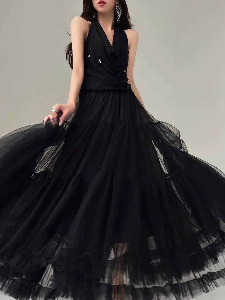 Aconiconi Elegant High Waist Ruffle Mesh Princess Long midi layered Skirt- Quiet Shadow Quicksand
