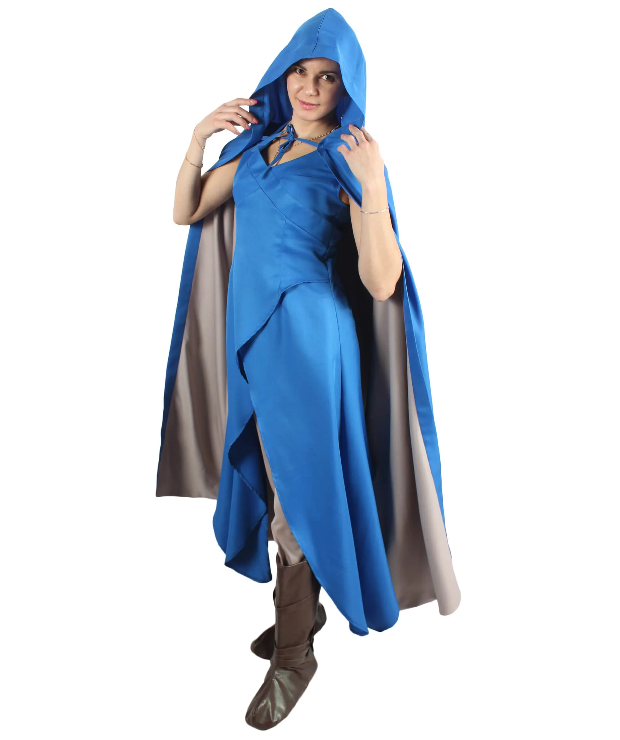 Adult Women’s Fantasy TV Drama Dragon Queen Blue Hooded Cape Costume | Multiple Size Options