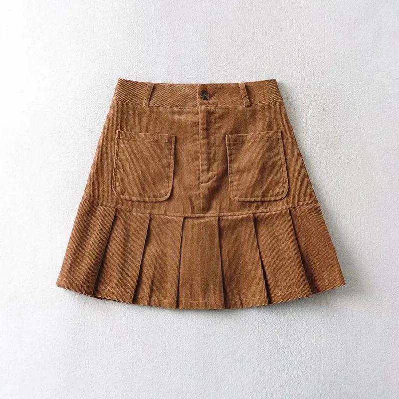 Advbridge Women Pleated Corduroy Mini Skirt With Pocket Detail