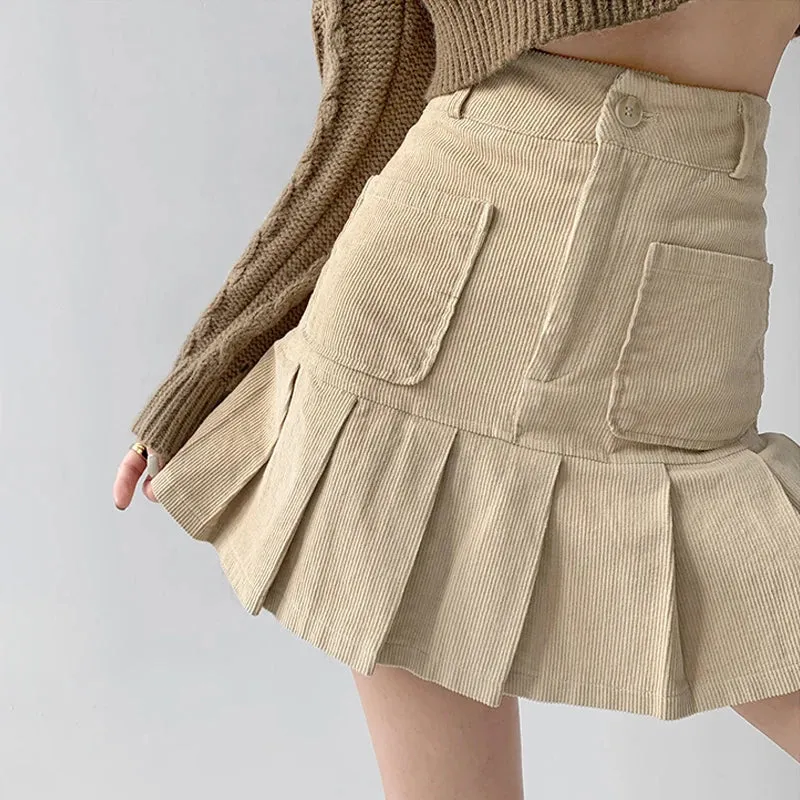 Advbridge Women Pleated Corduroy Mini Skirt With Pocket Detail