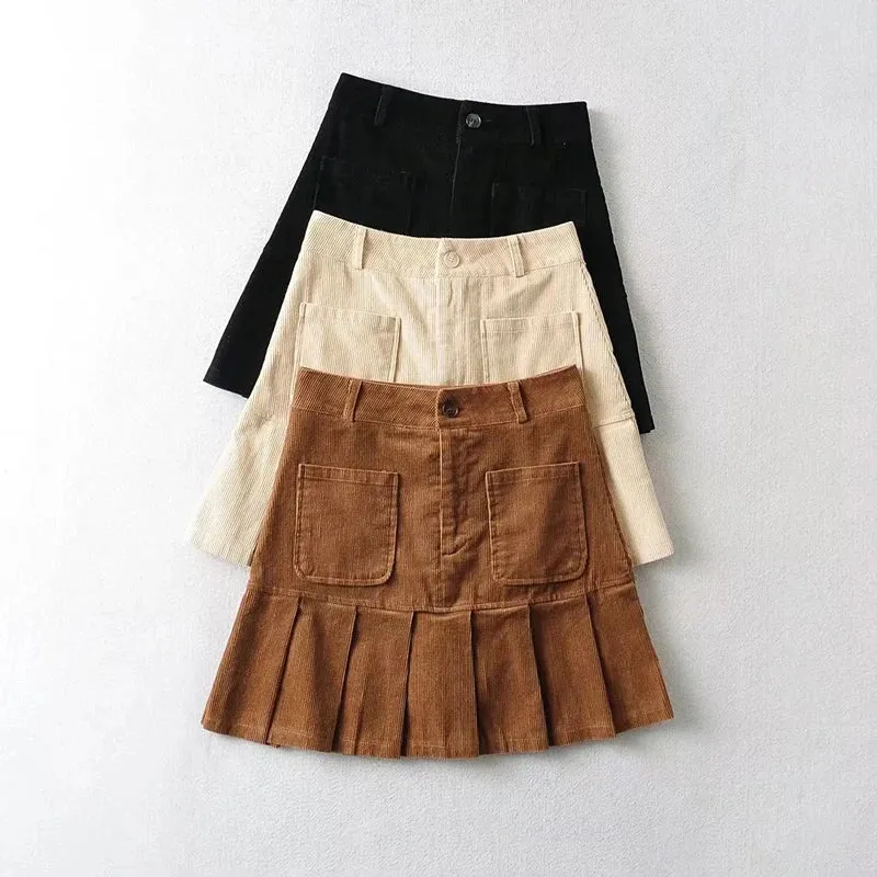 Advbridge Women Pleated Corduroy Mini Skirt With Pocket Detail