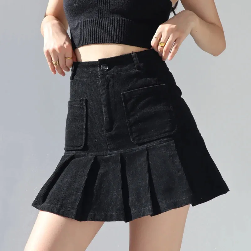 Advbridge Women Pleated Corduroy Mini Skirt With Pocket Detail