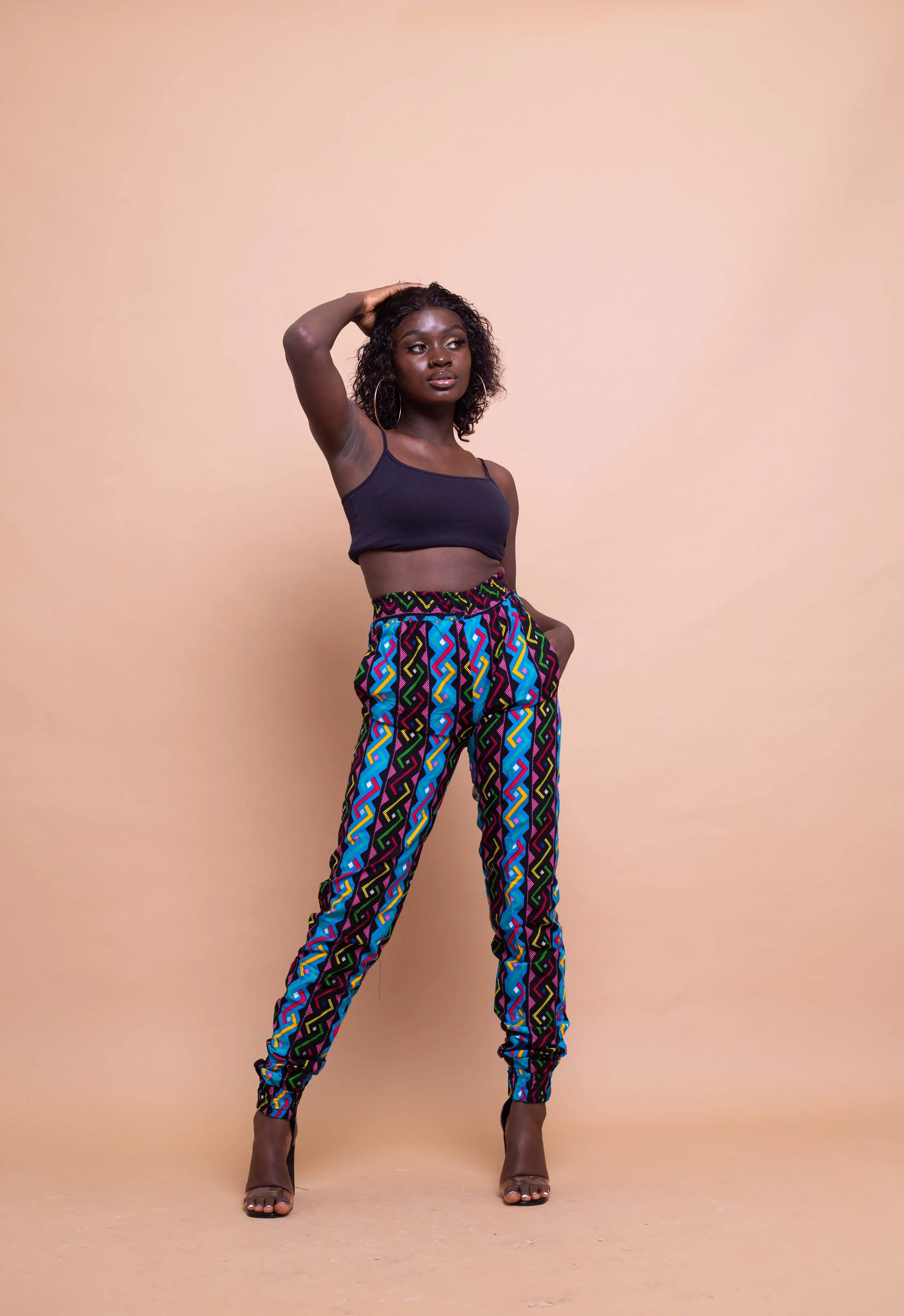 Agnes Ankara High Waisted Trouser | Blue and Pink Multicoloured African Print