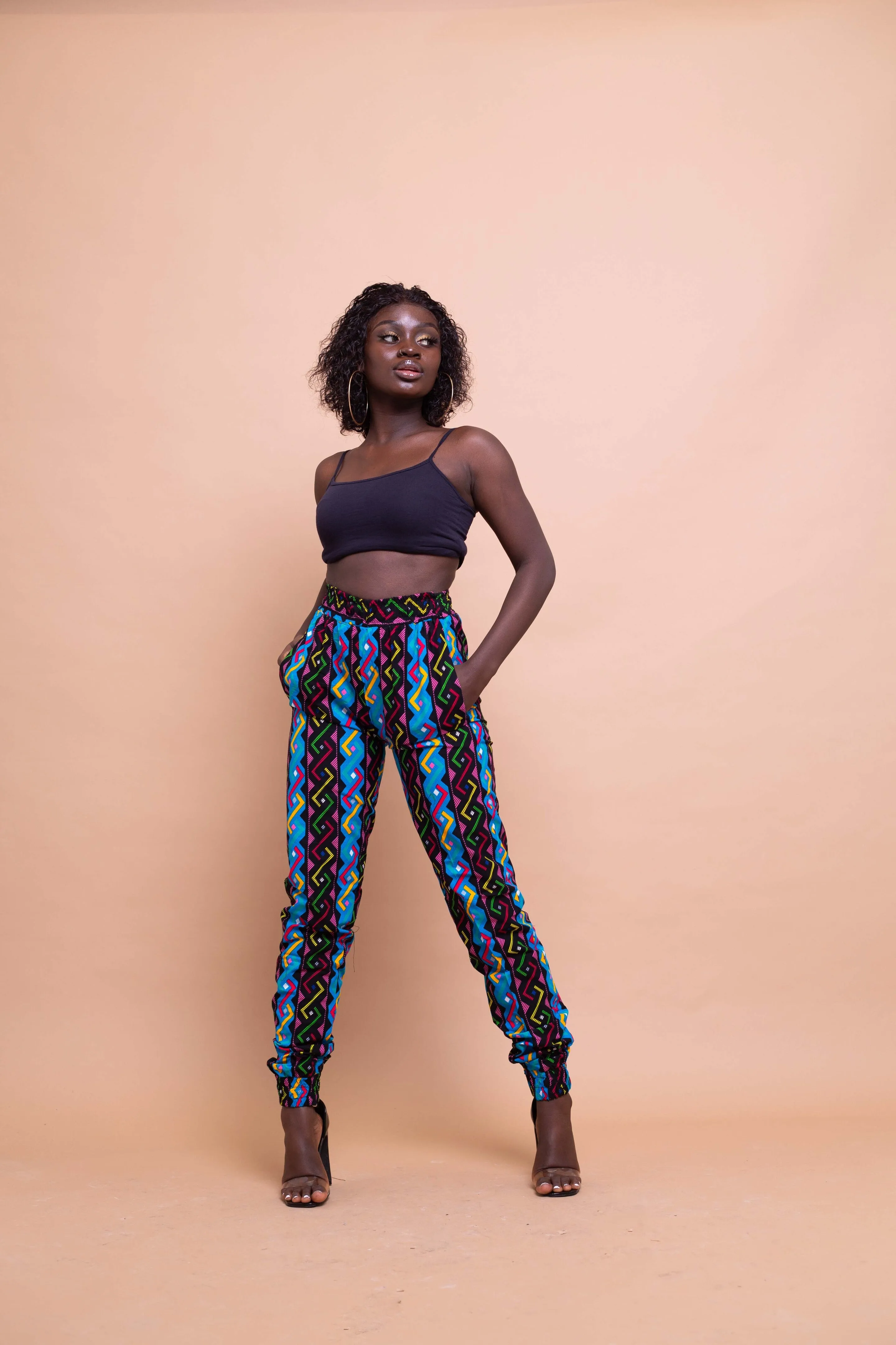 Agnes Ankara High Waisted Trouser | Blue and Pink Multicoloured African Print