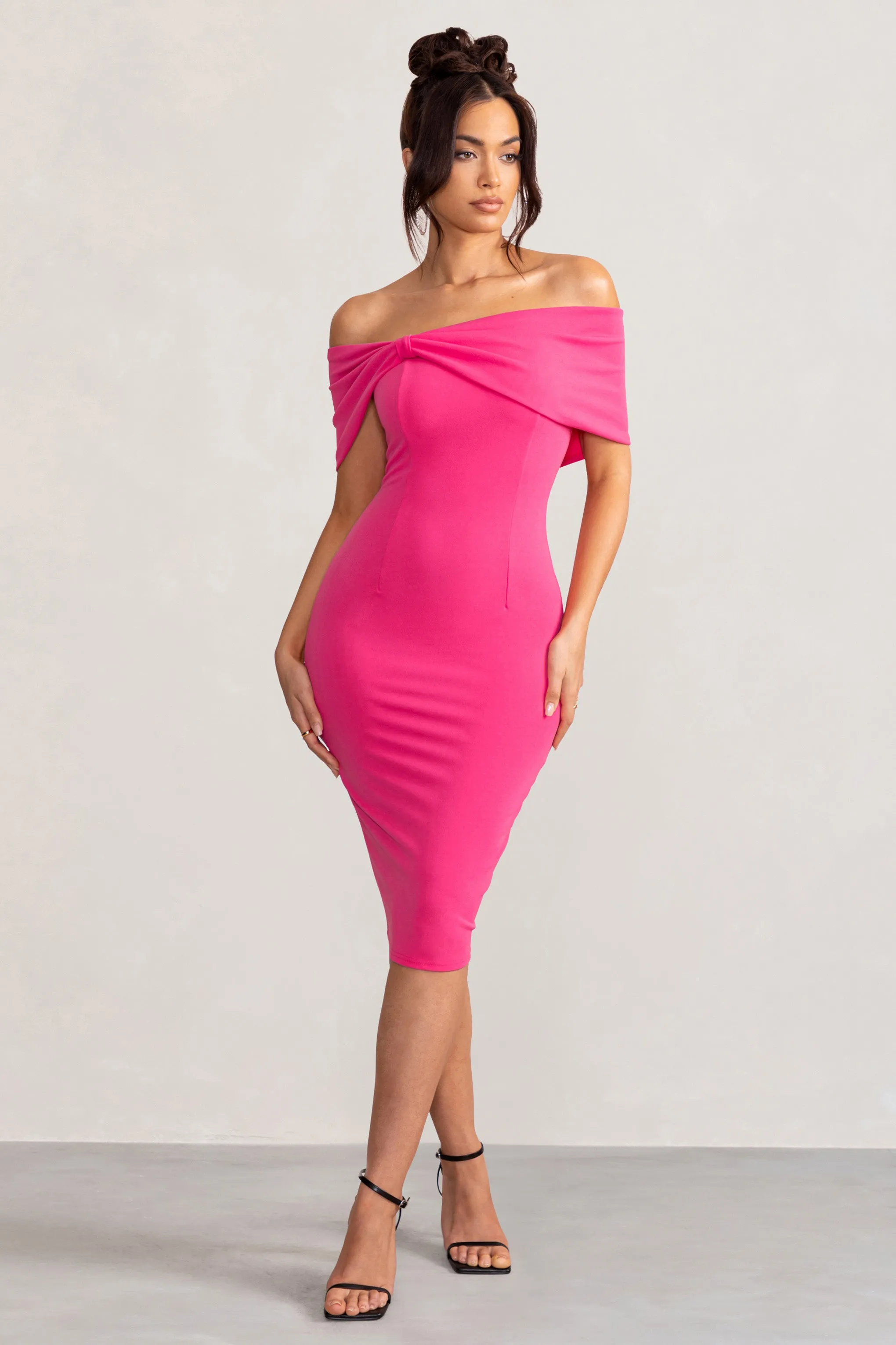 Alyssa | Hot Pink Bardot Bow Detail Midi Dress