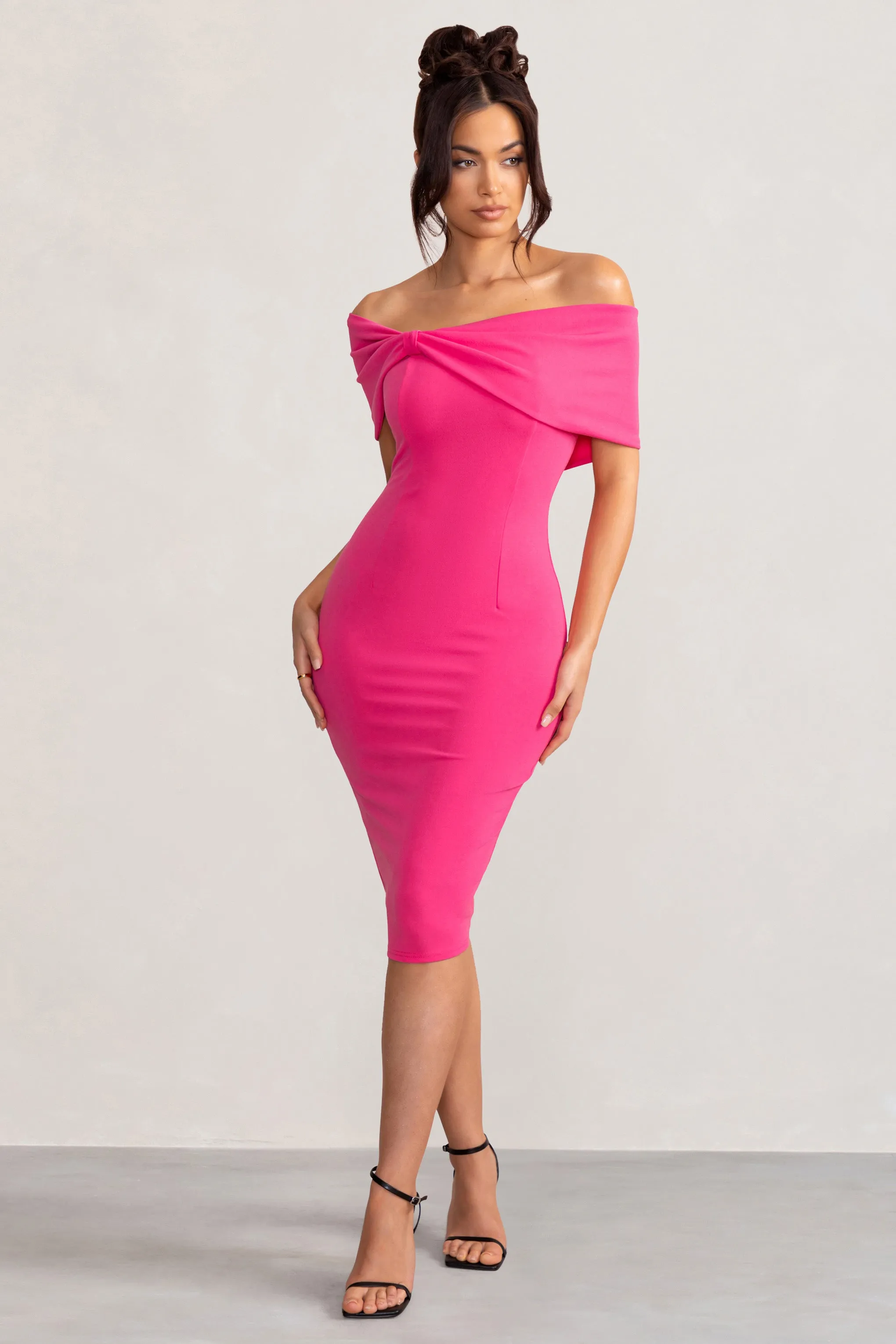 Alyssa | Hot Pink Bardot Bow Detail Midi Dress