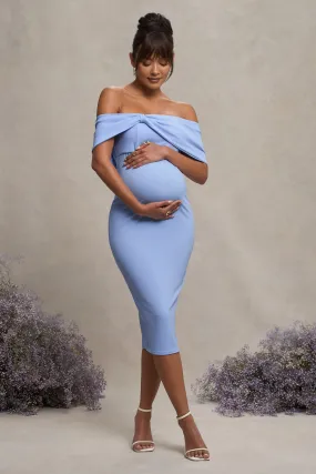 Alyssa | Powder Blue Bardot Bow Maternity Midi Dress with Ruching