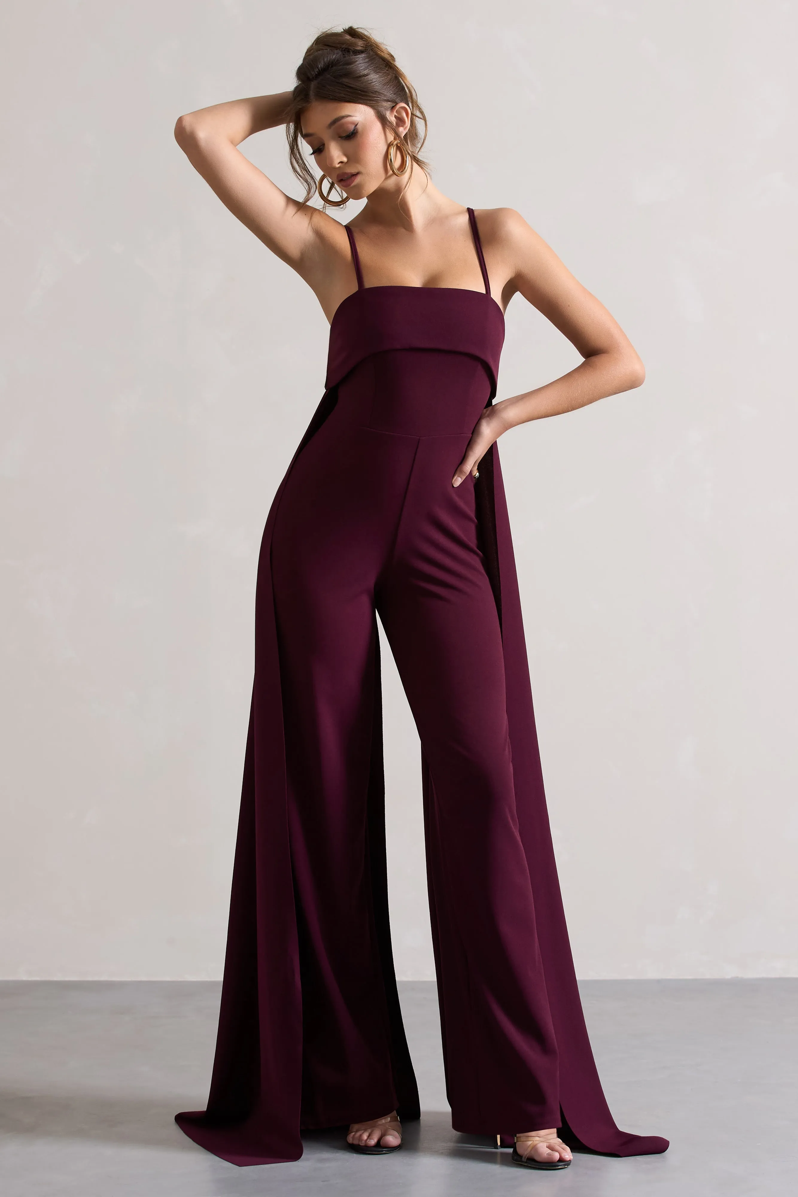 Amaya | Dark Plum Bandeau Wide-Leg Jumpsuit With Cape