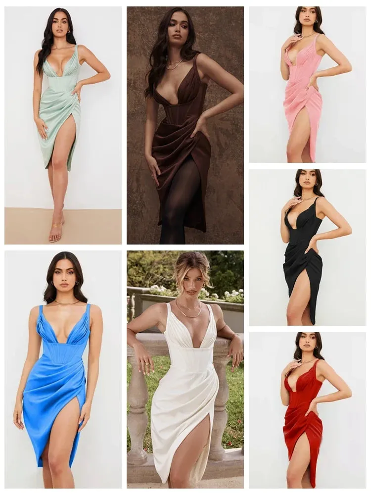 Amozae-High Quality Summer Bodycon Dress Women 2024 New Arrivals House of Cb Satin Dress Sexy Draped Celebrity Evening Party Dress Club