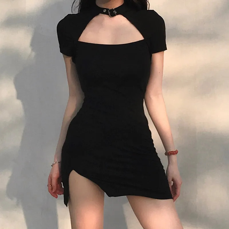 Amozae--hoco dresses  Harajuku Black Bodycon Mini Dress Women Split Side Halter Short Dresses Ladies Skinny Short Sleeve Skinny Summer 2024