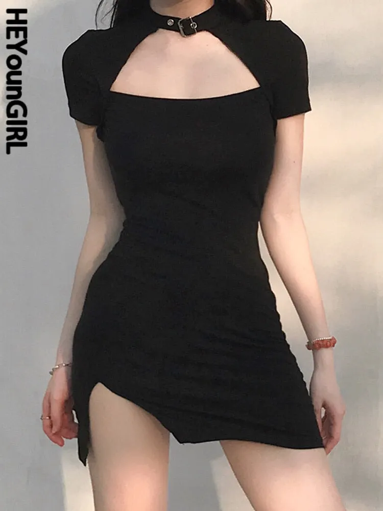 Amozae--hoco dresses  Harajuku Black Bodycon Mini Dress Women Split Side Halter Short Dresses Ladies Skinny Short Sleeve Skinny Summer 2024