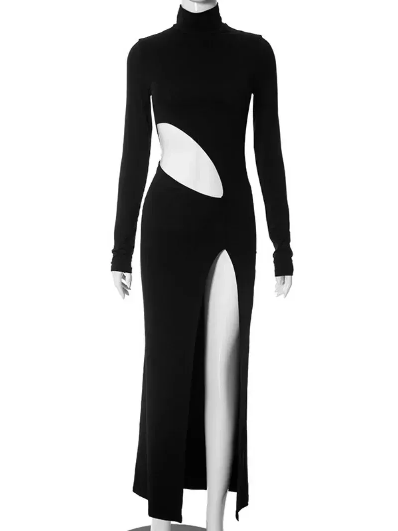 Amozae-Women 2024 Elegant Half High Collar Long Sleeve High Slit Black Dress Female High Waist Bodycon Hollow Out Party Evening Dresses