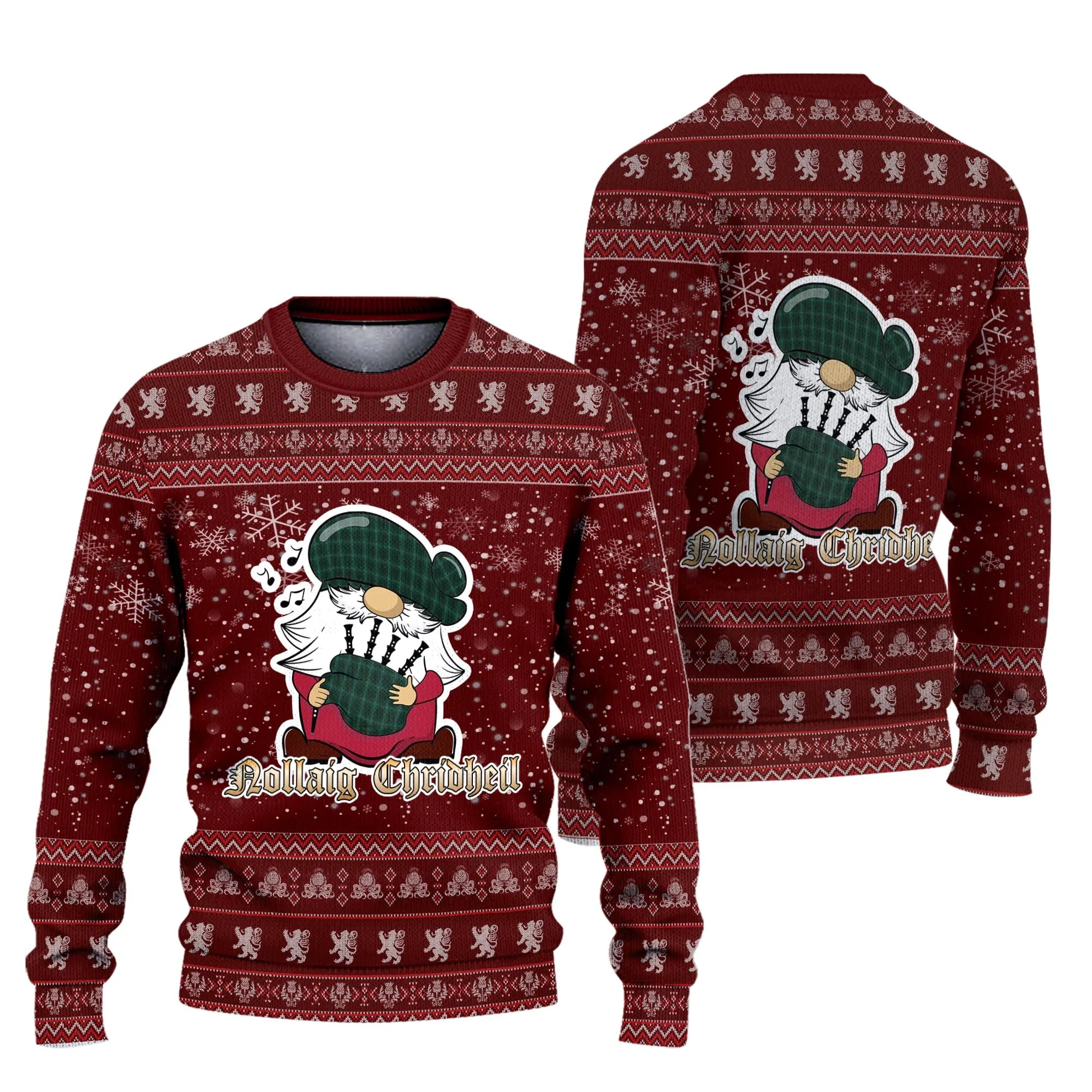 Armagh County Ireland Clan Christmas Family Ugly Sweater with Funny Gnome Playing Bagpipes