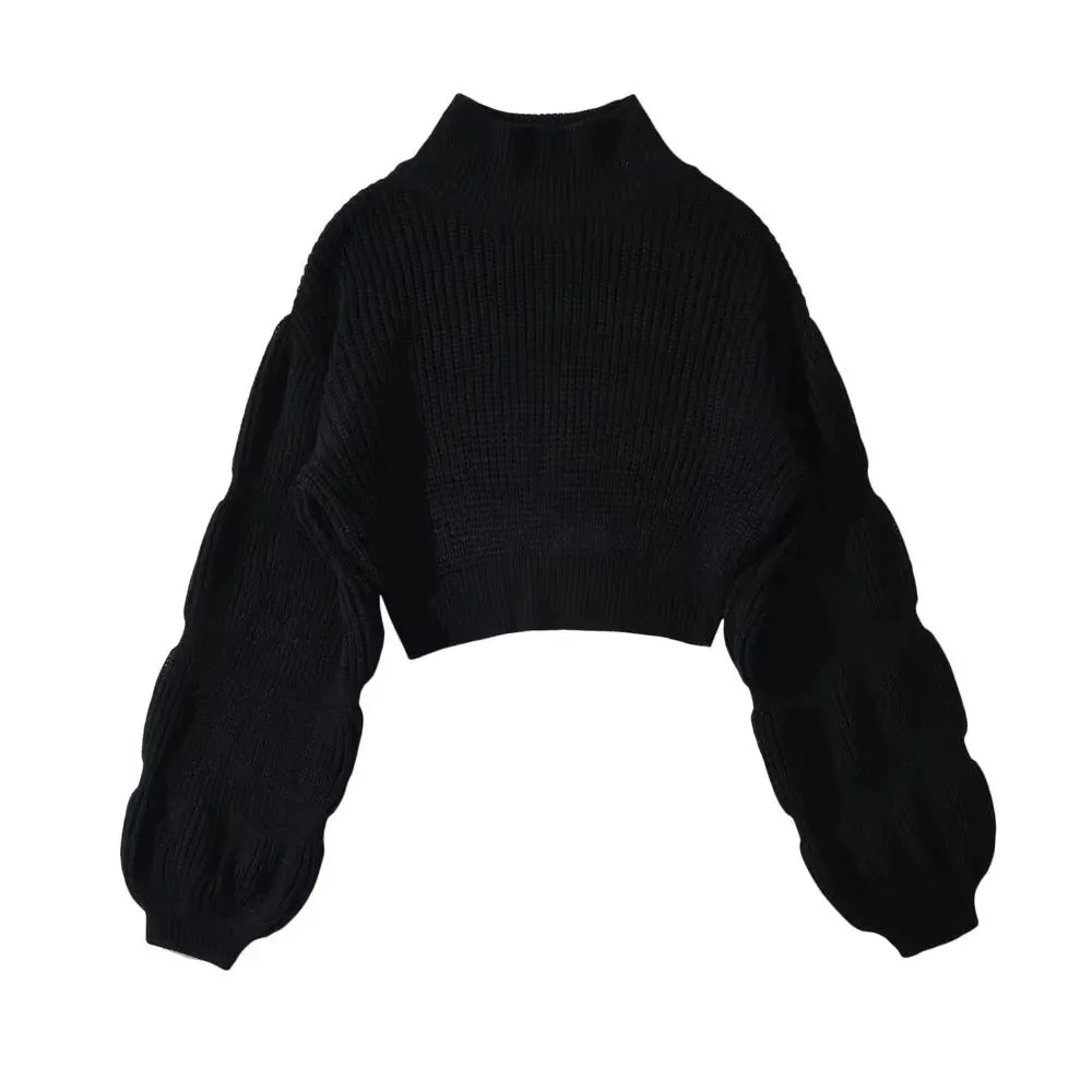 Autumn and winter Spice Girl turtleneck puffed sleeve chunky sweater women solid color loose long sleeve