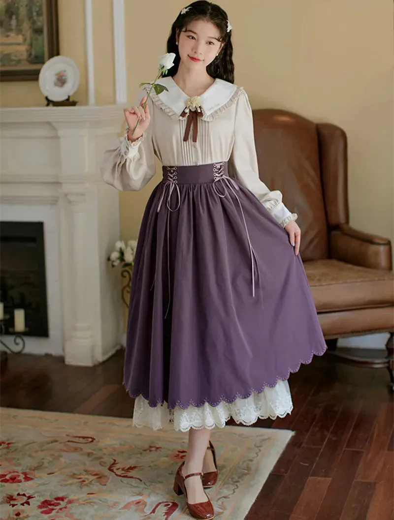 Autumn Winter Women Midi Long Skirt Vintage Mori Girl Lace-Up High Waist A-Line Pleated Cute Lace Stitching Ruffle Lolita Skirts