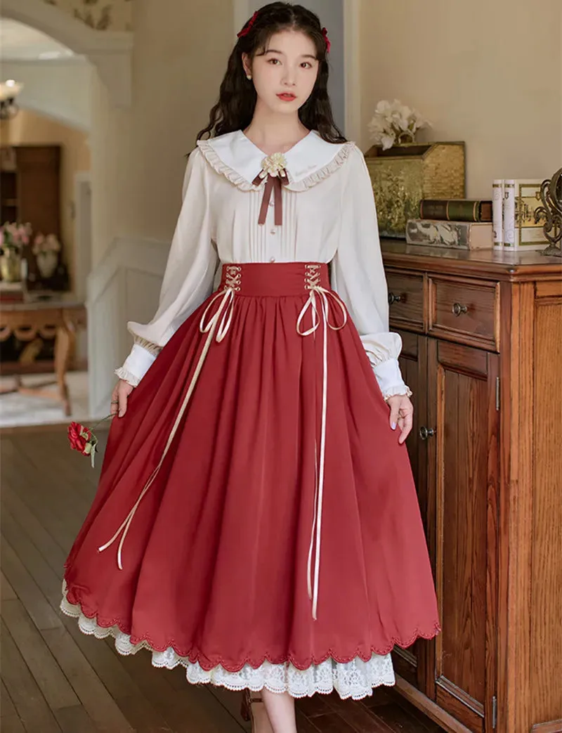 Autumn Winter Women Midi Long Skirt Vintage Mori Girl Lace-Up High Waist A-Line Pleated Cute Lace Stitching Ruffle Lolita Skirts