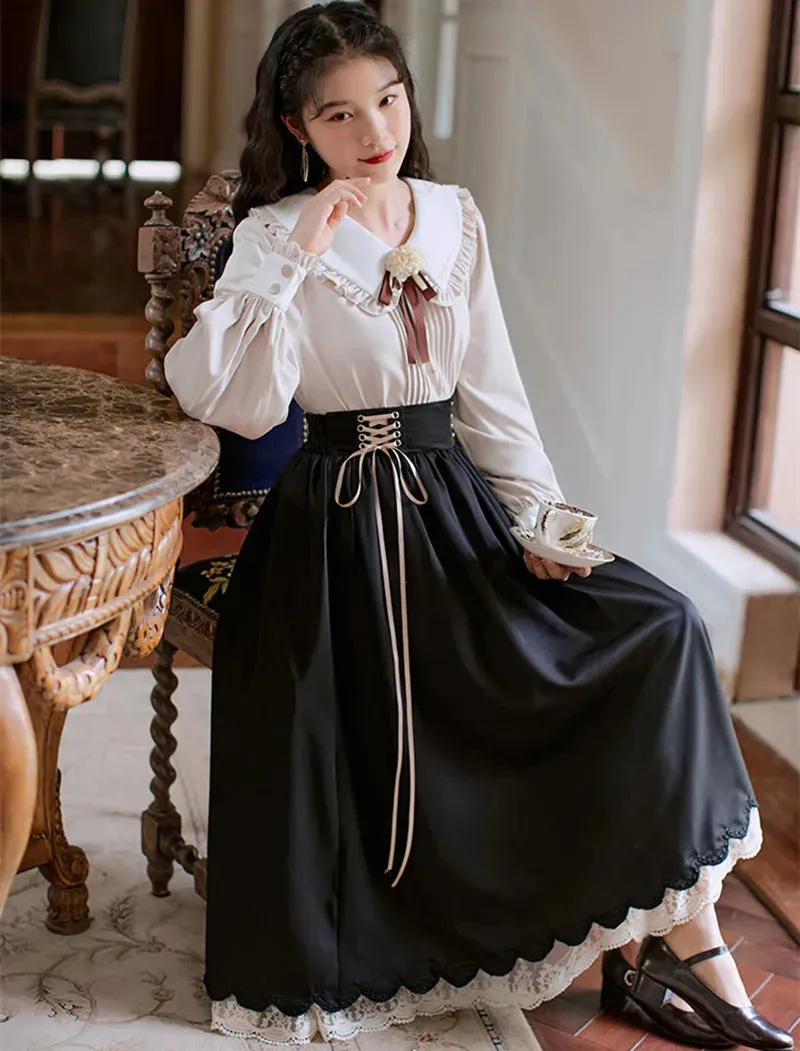 Autumn Winter Women Midi Long Skirt Vintage Mori Girl Lace-Up High Waist A-Line Pleated Cute Lace Stitching Ruffle Lolita Skirts