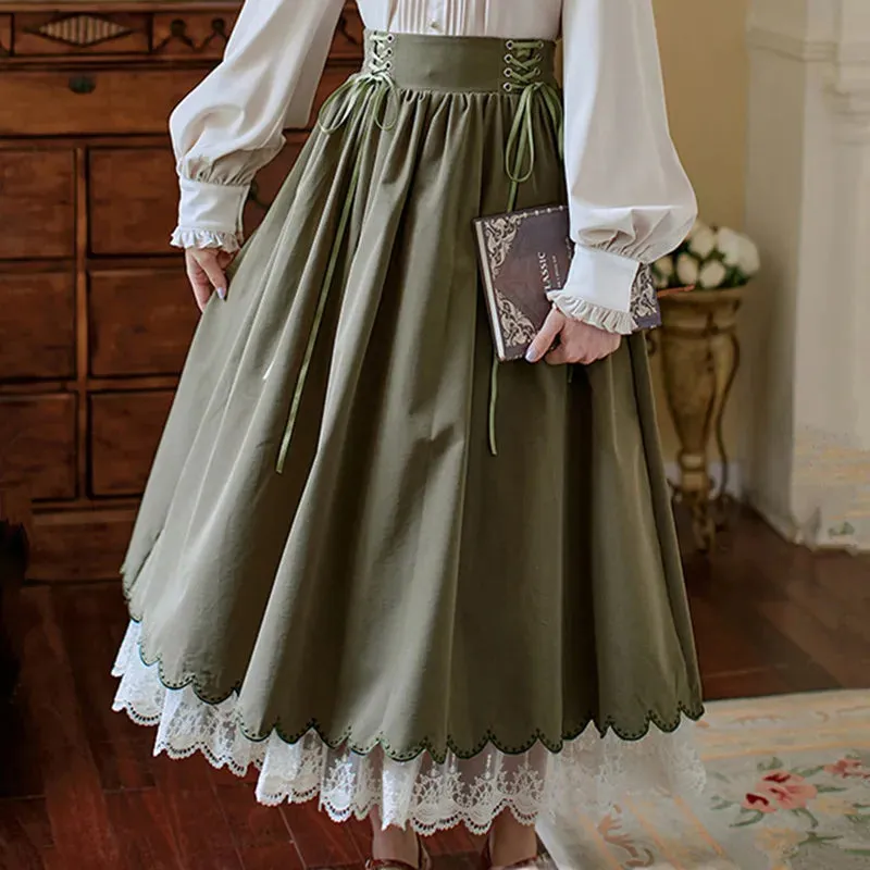 Autumn Winter Women Midi Long Skirt Vintage Mori Girl Lace-Up High Waist A-Line Pleated Cute Lace Stitching Ruffle Lolita Skirts