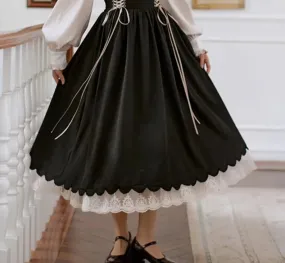 Autumn Winter Women Midi Long Skirt Vintage Mori Girl Lace-Up High Waist A-Line Pleated Cute Lace Stitching Ruffle Lolita Skirts