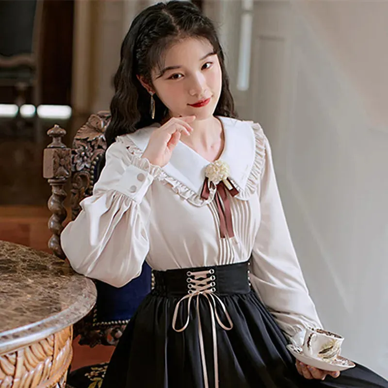 Autumn Winter Women Midi Long Skirt Vintage Mori Girl Lace-Up High Waist A-Line Pleated Cute Lace Stitching Ruffle Lolita Skirts