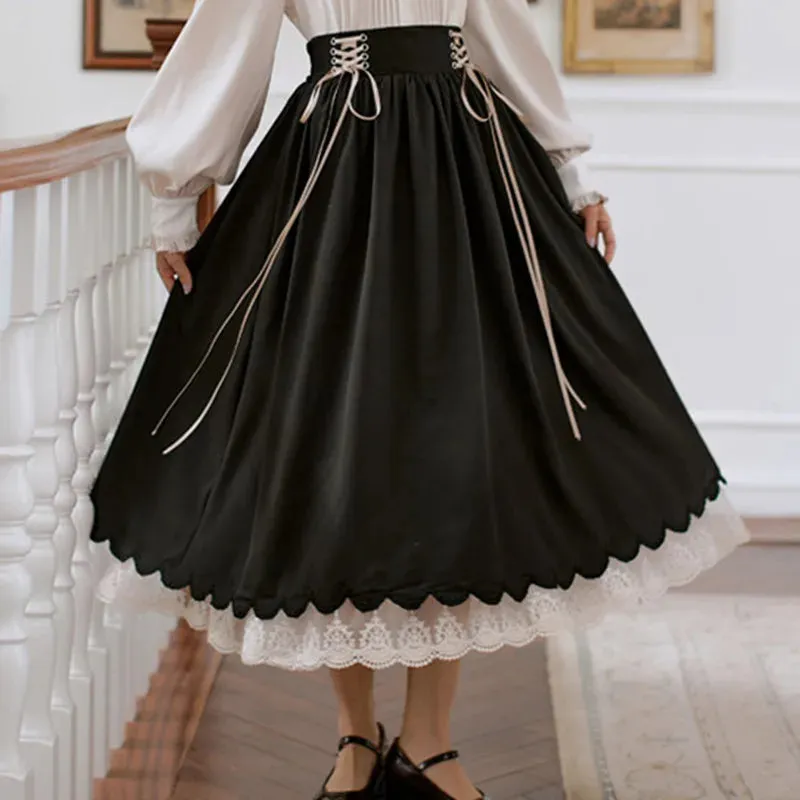 Autumn Winter Women Midi Long Skirt Vintage Mori Girl Lace-Up High Waist A-Line Pleated Cute Lace Stitching Ruffle Lolita Skirts