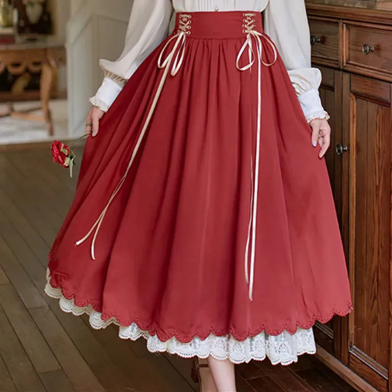 Autumn Winter Women Midi Long Skirt Vintage Mori Girl Lace-Up High Waist A-Line Pleated Cute Lace Stitching Ruffle Lolita Skirts