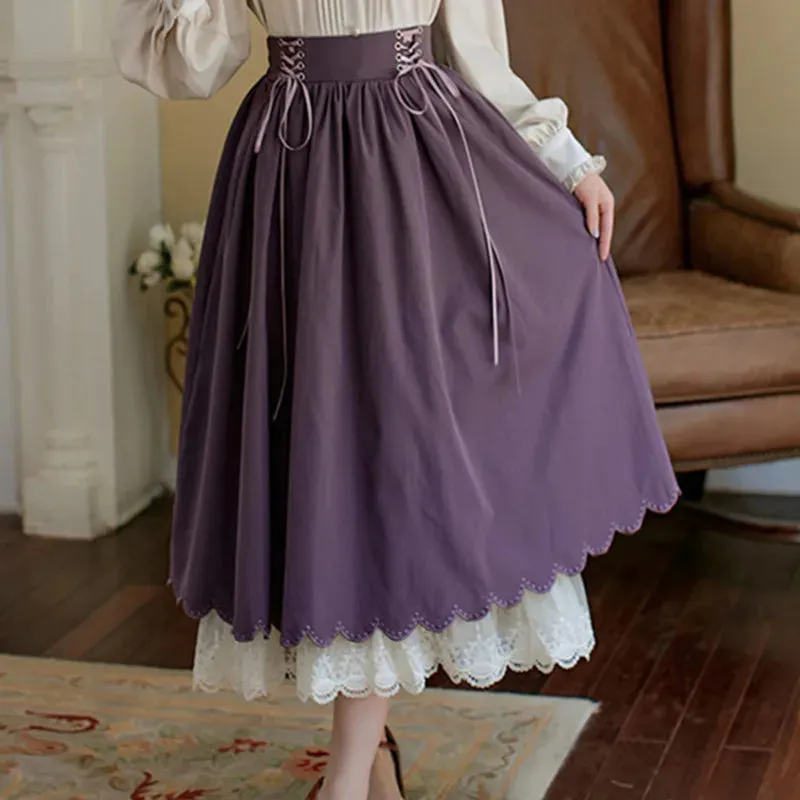 Autumn Winter Women Midi Long Skirt Vintage Mori Girl Lace-Up High Waist A-Line Pleated Cute Lace Stitching Ruffle Lolita Skirts