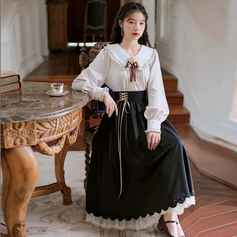 Autumn Winter Women Midi Long Skirt Vintage Mori Girl Lace-Up High Waist A-Line Pleated Cute Lace Stitching Ruffle Lolita Skirts