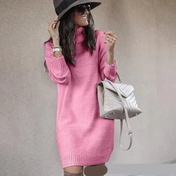 Autumn Winter Woolen Knitted Short Turtleneck Sweater Dress