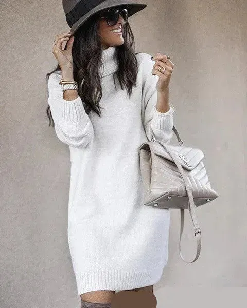 Autumn Winter Woolen Knitted Short Turtleneck Sweater Dress